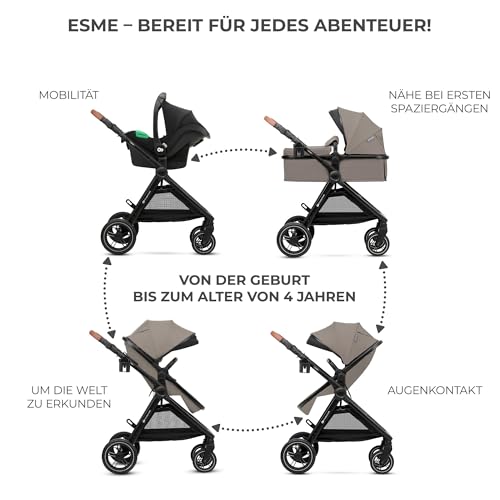 Kinderkraft ESME 3-in-1 Pushchair Set, Combination Pram, Baby Seat I-Size 40-75 cm, Up to 22 kg, Folding, Reclining Position, Beige