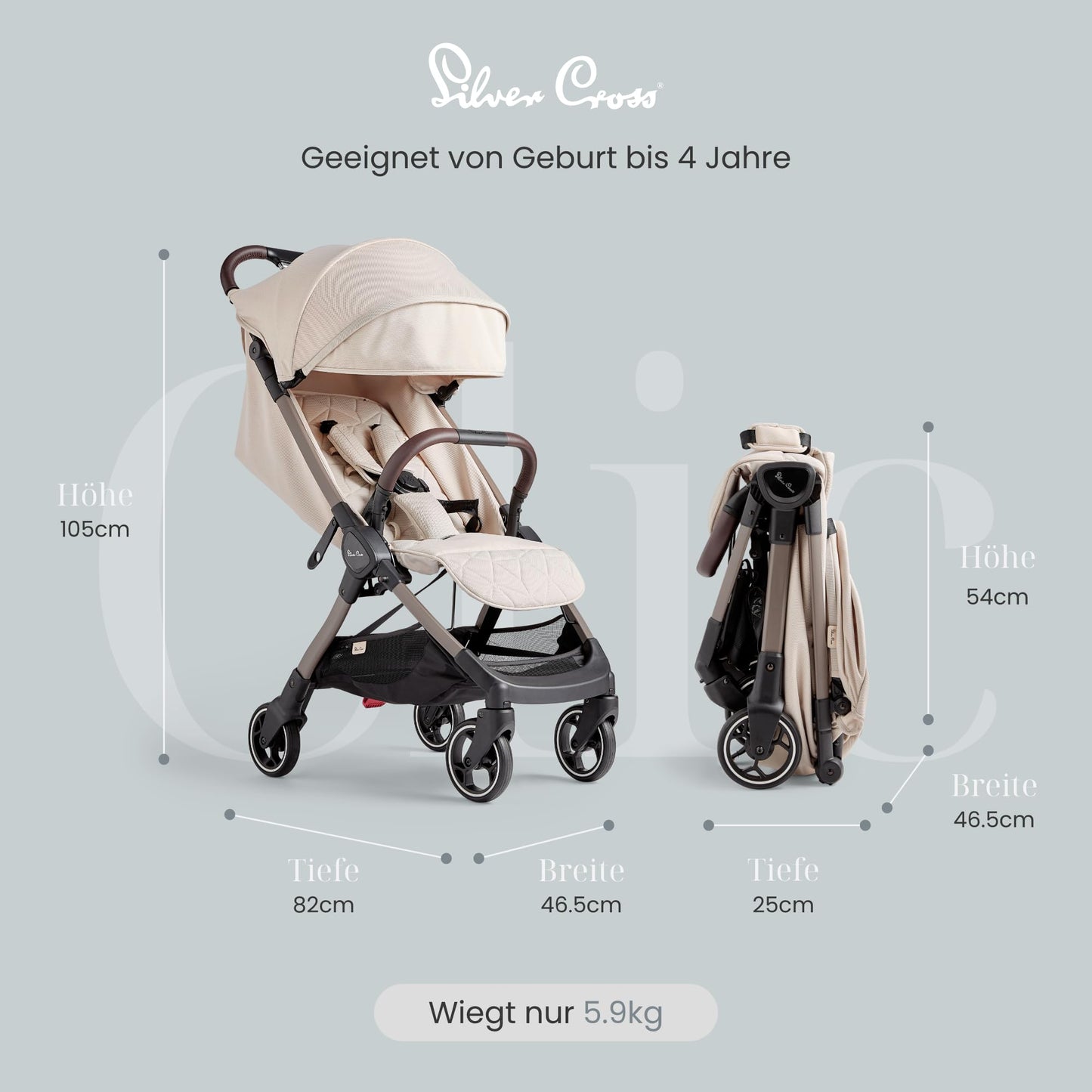 Silver Cross Clic Kompakt-Kinderwagen, Reisekinderwagen, Leicht & Faltbar, Neugeborene - 4 Jahre, Almond